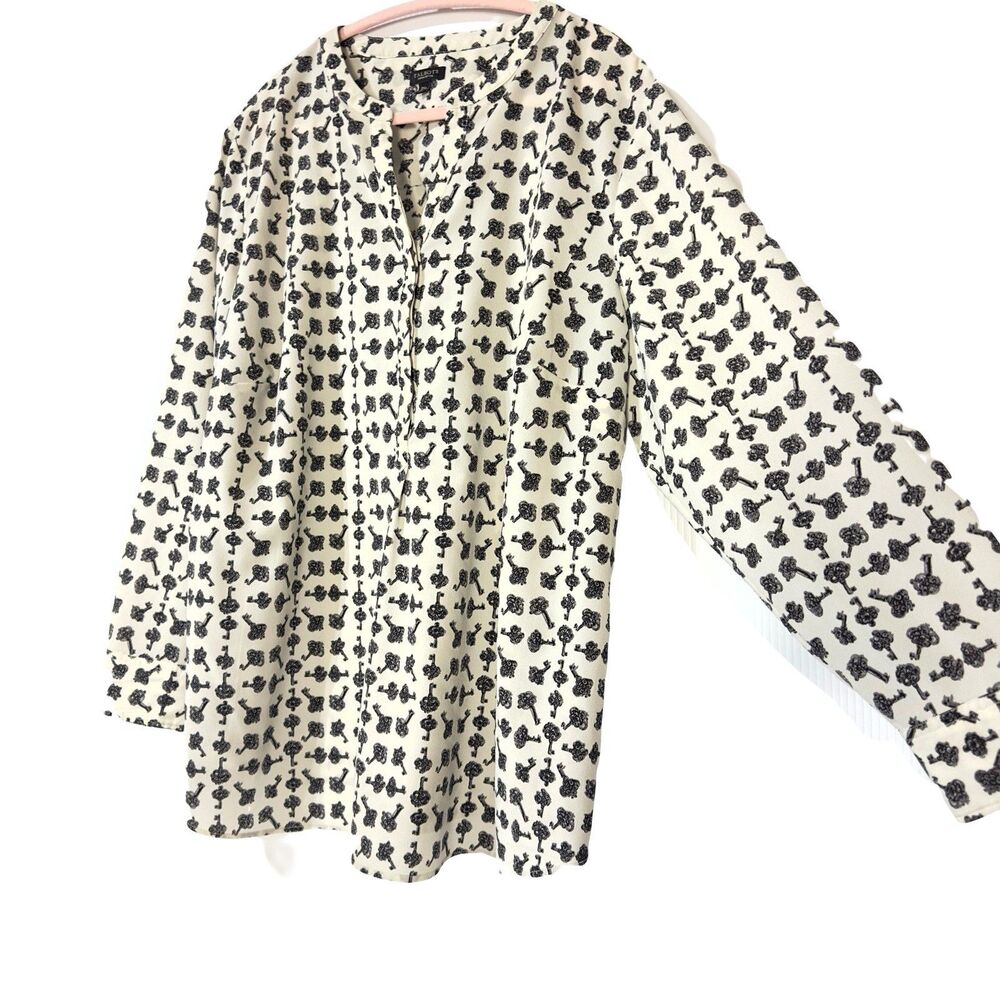 TALBOTS Blouse Size 3X P Petite Key Print Popover Long Sleeve Split Neck Top